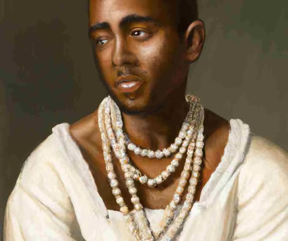 A man wearing pearl necklaces